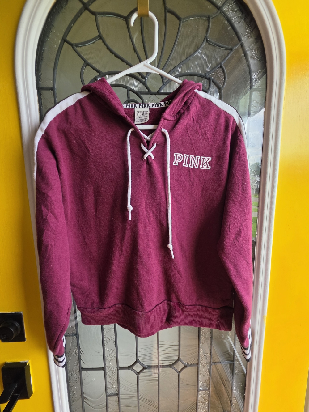 Victoria's Secret PINK Maroon Pullover Crewneck Hoodie with White Accents